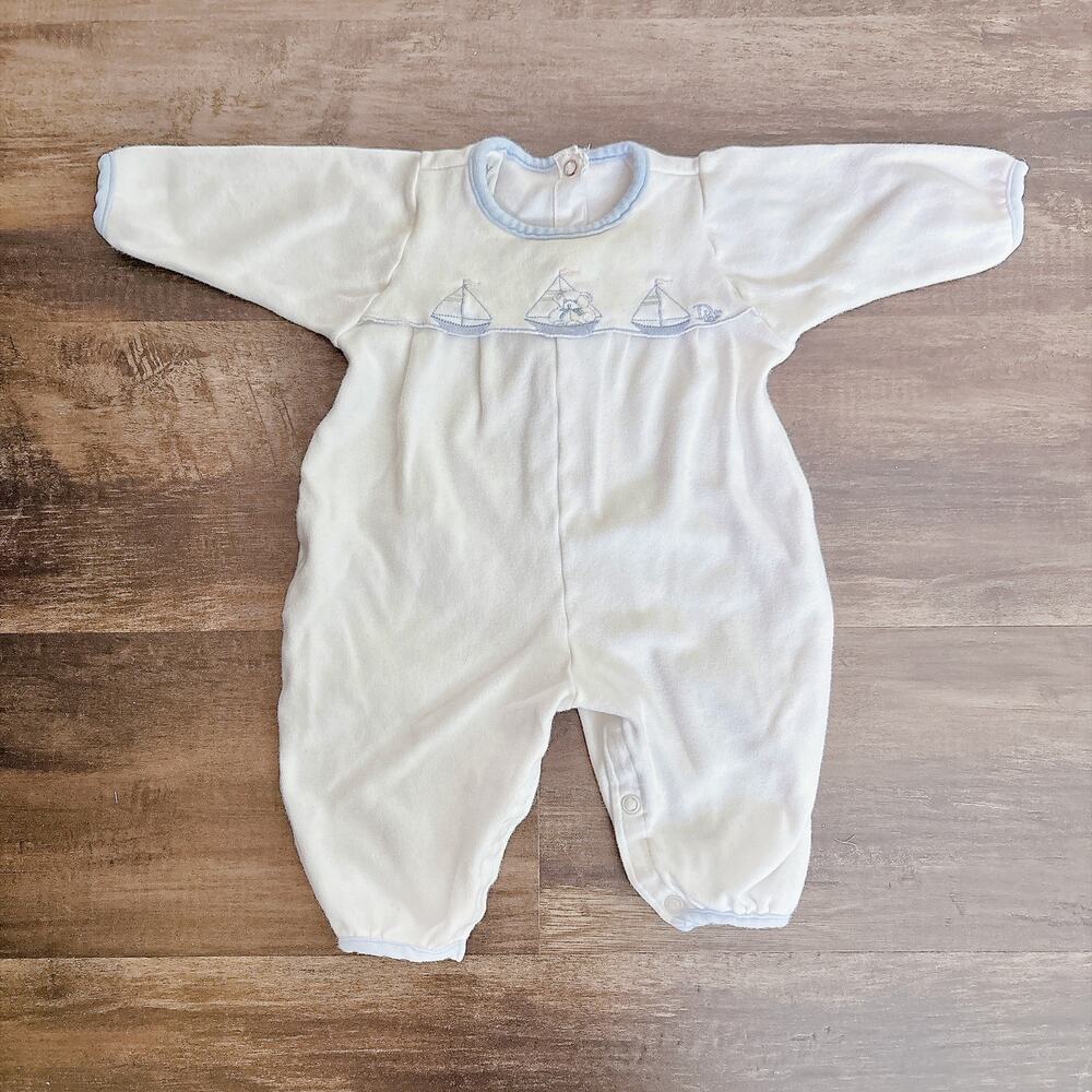 VINTAGE BABY DIOR EMBROIDERED SAILBOAT WHITE VELOUR ROMPER - 3 TO 6 M